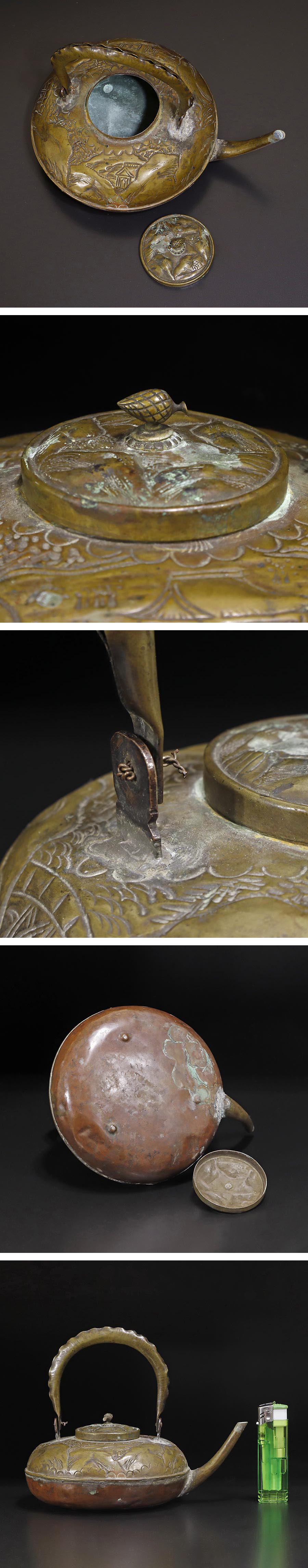 全国無料，新作 ☆いい楽☆真鍮銅製山水文銚子 江戸後〜明治